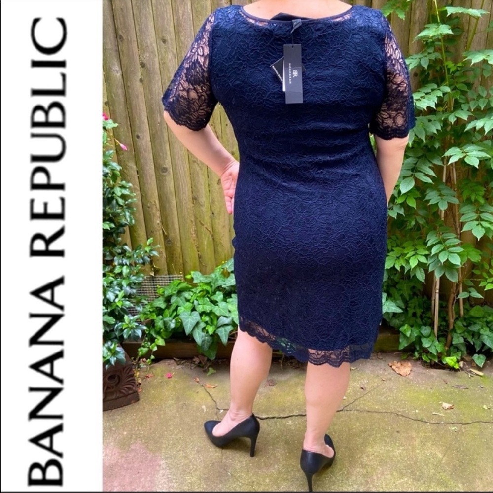 $270 Banana Republic Navy Blue Lace Dress Subtle Shimmer, Size 14 w/ STRETCH NWT - Picture 7 of 11